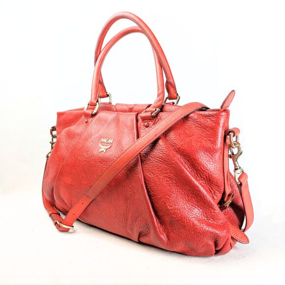 Pre-owned MCM Monogram Embossed Leather Satchel Shoulder Bag - Picture 1 of 7